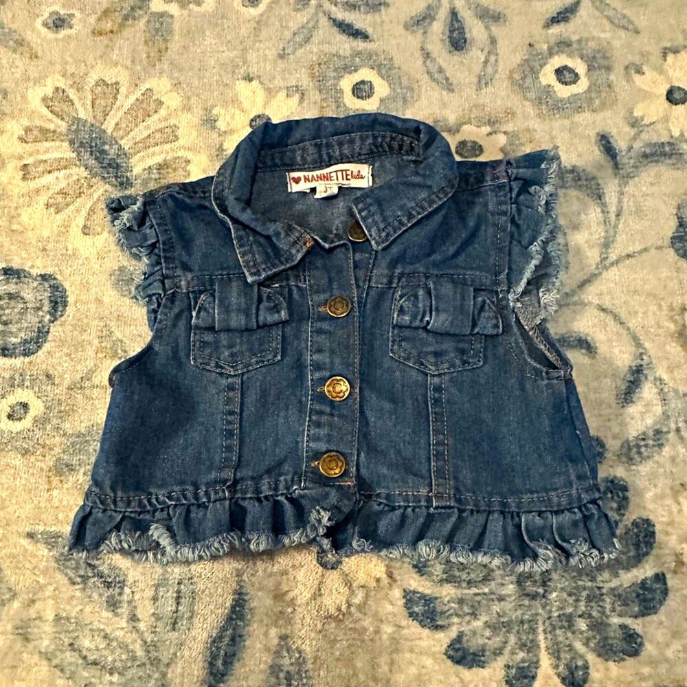 Nannette Girls Blue Denim Vest 3T Ruffle Button Front Sleeveless Pockets